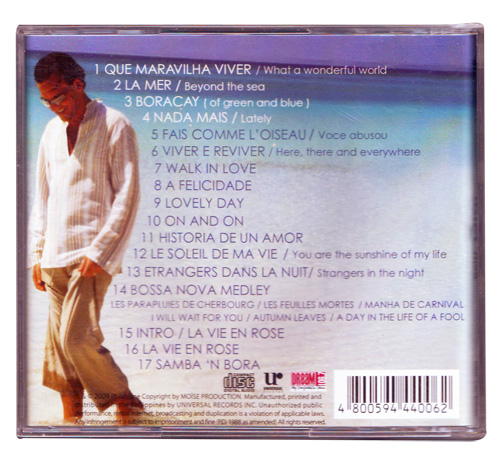 Back Cover of Moise Boracay CD featuring samba, bossa nova, reggae and jazz world music. Moise is a French Moroccan in the Philippines
